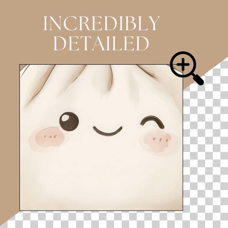 May include: A white cartoon dumpling with a winking eye and a smile. The dumpling has rosy cheeks and is drawn in a watercolor style.
