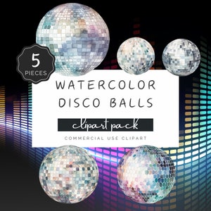 Puede incluir: Cinco imágenes de clipart de bola de discoteca de acuarela. Las bolas de discoteca son plateadas con un acabado espejado y tienen un efecto de acuarela. El texto "WATERCOLOR DISCO BALLS clipart pack COMMERCIAL USE CLIPART" está sobre un fondo blanco.