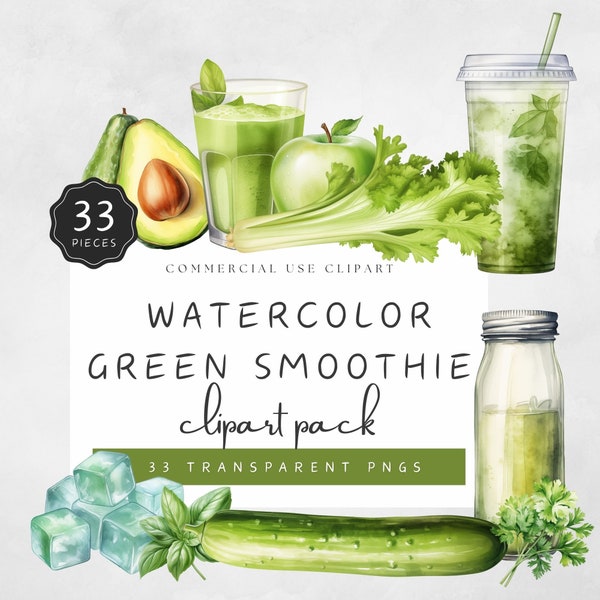 Smoothie Clipart Watercolor Green Healthy Ingredients Fruits Veggies Image PNG Kale Avocado Spinach Almond Butter | UC005