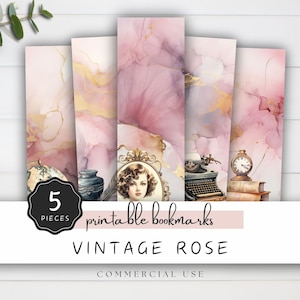 May include: Set of five printable bookmarks featuring a vintage rose theme. Each bookmark has a different design with watercolor-style pink and gold abstract patterns, a vintage typewriter, a clock, a globe, and a woman's portrait.
