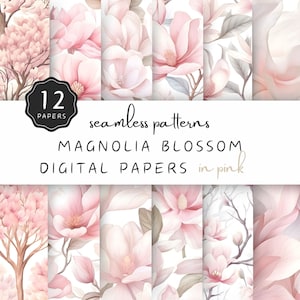 Op de afbeelding: Twaalf naadloze digitale papierpatronen met roze magnolia bloemen op een witte achtergrond. De tekst "Magnolia Blossom Digital Papers in pink" wordt weergegeven op de afbeelding.