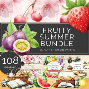 Fruity Summer Bundle, Locally Grown Clipart, Baby Fruits and Vegetables, Watercolor Avocado and Cutie Orange Peach Papers | UC003