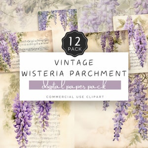 Pergamena vintage Wisteria jpg, carta digitale per acquerello, sfondo per diario spazzatura, viola, per uso commerciale, artigianato e stampa / UC302