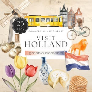 Imágenes prediseñadas de Holanda, tulipanes en acuarela, molino de viento, bonita visita a los Países Bajos, bandera holandesa, zuecos, 25 gráficos PNG para invitación / UC201