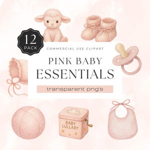 Pink Baby Essentials, Watercolor Nursery Clipart, Baby Bottle, Pacifier, Bib, Pale Rose Toys, 12 PNG Graphics for Crafts | UC020