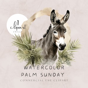 Palm Sunday Donkey Clipart, Watercolor Christian Illustration, Aquarel Palm Leaves and Donkey in Circle, Liturgy | UC012