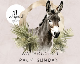 Palm Sunday Donkey Clipart, Watercolor Christian Illustration, Aquarel Palm Leaves and Donkey in Circle, Liturgy | UC012