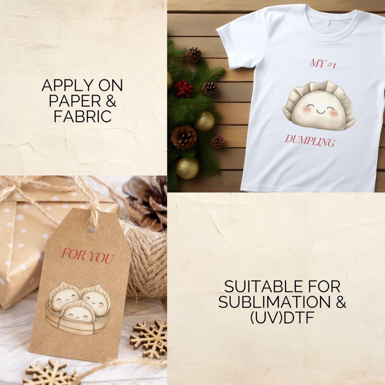 May include: A brown gift tag with white polka dots and the text "FOR YOU" printed in red. The tag features a cartoon illustration of three dumplings in a bamboo steamer. The tag is suitable for sublimation and (UV)DTF printing.