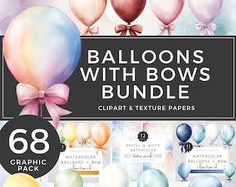 Watercolor Party Balloons Clipart Commercial Use Balloon with Bow Sublimation PNG 300 DPI Party Clipart Bundle | UC006