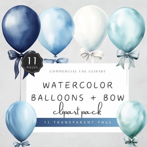 Watercolor Party Balloons Blue Clipart Boy Baby Shower Aquamarine Balloons with Bow PNG Gender Reveal Commercial Use | UC006