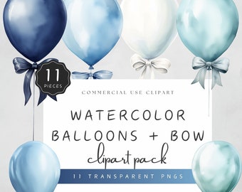 Watercolor Party Balloons Blue Clipart Boy Baby Shower Aquamarine Balloons with Bow PNG Gender Reveal Commercial Use | UC006