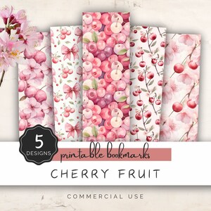 Cherry Fruit Printable Bookmark, Watercolor Cute Bookmarks Red Summer Fruit Pattern, for Book Lover, 5 Sweet Matching Designs | UC701