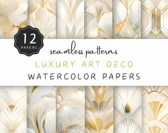 Luxury Art Deco Digital Papers, Seamless Pattern, Gold, White and Beige Elements, Graphic Geometry 20th Century Modern | UC301