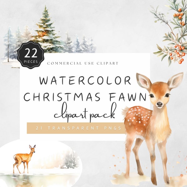 Christmas Fawn PNG High Quality Clipart Decor Snow Scenery Forest Hunting Cabin Log Mistletoe Branch Fawn Wreath Watercolor Pastel | UC105