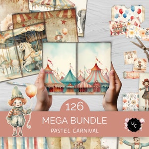 Junk Journal Bundle "Pastel Carnival" - 126 Piece Printable Papers, Vintage Ephemera, Circus Tag Envelope, Paper Craft, 11 x 8.5 | UC502