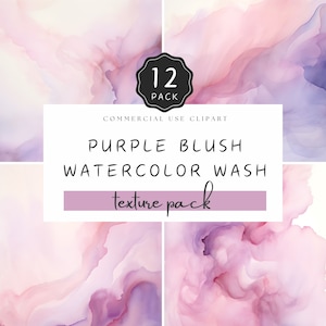 Pacote de textura de lavagem de aquarela blush roxo, papel digital de fundo rosa lilás JPG, tinta líquida com infusão de água para artesanato | UC401