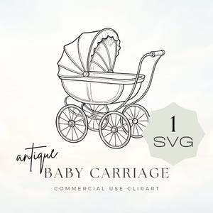 Puede incluir: Ilustración en blanco y negro de un cochecito de bebé antiguo. El cochecito tiene un cuerpo redondeado, una capota y ruedas de radios. La palabra "antique" está escrita en cursiva, y "BABY CARRIAGE" en letras mayúsculas. También incluye el texto "COMMERCIAL USE CLIPART" y "1 SVG".