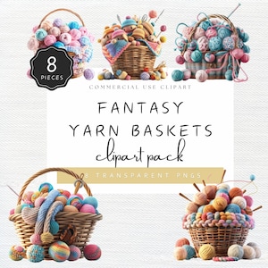 Crochet Supplies in Basket Clipart, Balls of Yarn, Knitting Needles, Pastel Colors matching Fantasy Gnomes, Commercial Use | UC207