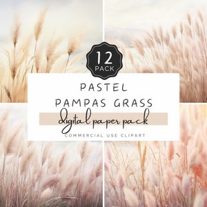 Paquet de papier numérique herbe de la pampa, paysage romantique à l'aquarelle, papier peint pastel bohème pour chambre d'enfant, pour usage commercial travaux manuels créatifs | UC302