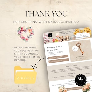 May include: A digital download of a watercolor vintage key clipart image. The image is surrounded by a pink and white floral border. The text "Thank You" is at the top of the image. The text "After Purchase, You Receive a PDF: Simply Download Your Files From Our Dropbox" is in the left corner of the image. The text "Watercolor Vintage Key" is in the right corner of the image. The text "About Your License" is in the bottom right corner of the image.