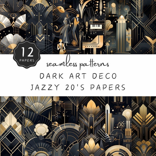 Dark Art Deco Digital Paper, Roaring 20s Seamless Background, Jazz Theme Black and Gold, Print on Paper or Fabric, Commercial Use | UC301