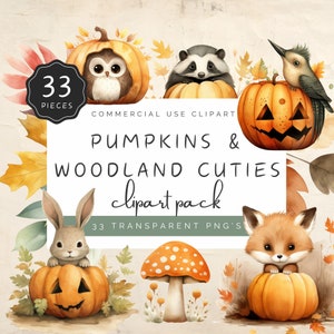 Clipart Halloween animaux de la forêt, aquarelle citrouilles et mignonneries de la forêt, illustration pastel champignon vénéneux, 33 PNG pour la création numérique | UC108