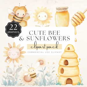Cute Bees and Sunflowers Clipart, Spring Honey Bee, Kawaii Sunflower, Mum To Bee Jar, 22 PNG Graphics for Invites and More| UC003