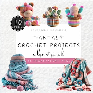 Crochet Project Clipart, Crocheted Cactus, Yarn Amigurumi, Pastel Patch Blanket, Scarf Mittens and Wool Hat PNG | UC207