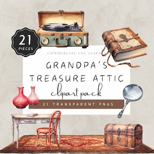 Puede incluir: Un paquete de clipart digital con 21 imágenes PNG transparentes que presentan artículos vintage como un tocadiscos, una lupa, un libro, un cofre y jarrones. El texto "Grandpa's Treasure Attic clipart pack" se muestra sobre un fondo blanco.