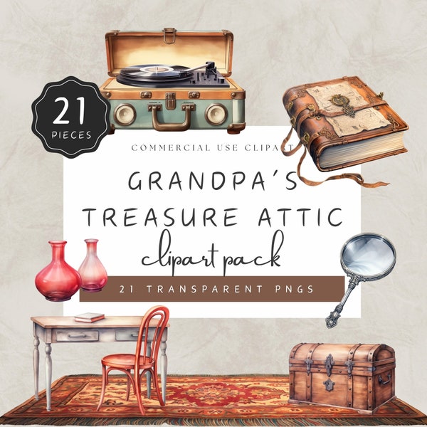 Grandpa's Treasure Attic Clipart Watercolor of 18th 19th Century Items like a Bundle of Old Photo's and Hand Sewing Machine | UC022