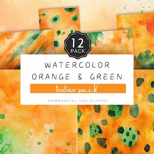 May include: A digital download of 12 watercolour textures in orange and green. The pack is labelled "Watercolor Orange & Green Texture Pack" and "Commercial Use Clipart".
