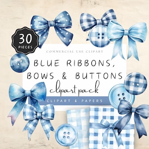 Blauwe pastelkleurige strik clipart, aquarel linten, strikken en knopen, licht- en marineblauwe cadeauontwerpen, 30 png-bestanden voor digitale feestcreaties | UC006