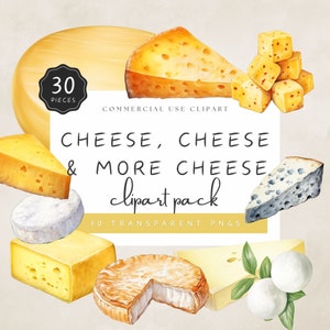 Cheese Clipart, Watercolor Food Clipart, Gruyère, Camembert, Roquefort, Asiago, Havarti, Cheddar, Minimalist PNG | UC005