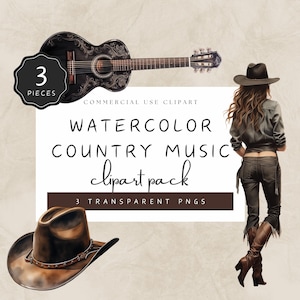 Country Music Clipart Mini Bundle Watercolor Guitar and Cowboy Hat and Downtown Girl 3 Premium PNG Commercial Use | UC002