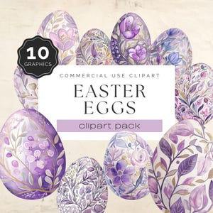 Easter Eggs Clipart, Purple Egg png, Lilac and Gold Toile de Jouy, Watercolor Floral, Transparent Background, 10 Graphics for Crafts | UC110