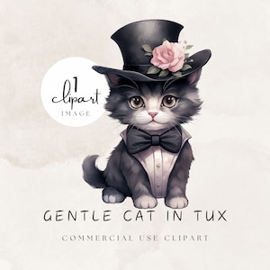 Tuxedo Cat Clipart, Zachte Kat in Tuxedo met Zwarte Hoed, Cute Kitten Aquarel Zwart Wit, Victoriaanse stijl, PNG Commercieel Gebruik POD | UC004