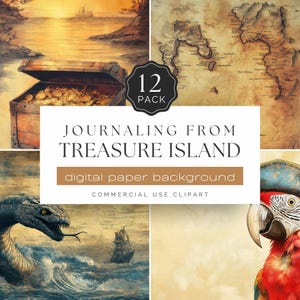 Treasure Island Digital Papier, 12 Vintage Piraten Hintergründe, Seeungeheuer, Alte Landkarte, Goldtruhe, Kommerzielles Handwerk | UC402