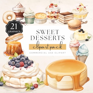 Sweet Desserts Clipart, Watercolor Tiramisu and Panna Cotta, Sticky Toffee Pudding and Banana Split, 21 PNG Graphics | UC005