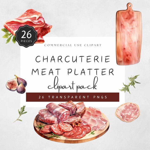 Charcuterie Clipart Watercolor Meat Platter PNG Image 300 DPI Prosciutto Wooden Cutting Board Mortadello Salami Figs Boho | UC005