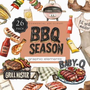 Clipart per la stagione del barbecue, acquerello Grill Master, barbecue, salsiccia, logo Baby-Q, salmone, mais, limonata, 26 immagini PNG per invito / UC005