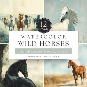 Papel digital de acuarela con caballos salvajes, 12 fondos de caballos majestuosos, clipart de paisaje del oeste, estilo rústico, uso comercial / UC302