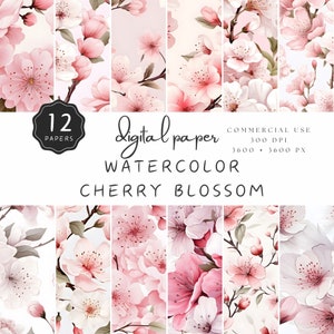 Cherry Blossom Digital Papers, Watercolor Clipart Journaling Page, Spring Flowers in Bloom, Pink Buds, Commercial Use | UC301