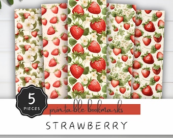 Strawberry Watercolor Printable Bookmark, 5 Watercolor Seamless Strawberry Designs, PNG for Plotter and Print and Cut PDF and JPG | UC701