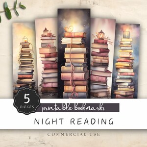 Stacked Books Printable Bookmark, Night Reading Lantarn Stack of Novels, 5 Designs in Simple Sweet Watercolor Style, Gift for Her | UC701
