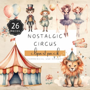 Pack de cliparts cirque nostalgique, lot de carnaval aquarelle, corde raide, clown, monocycle, 26 images PNG pour création artisanale par sublimation DTF | UC014