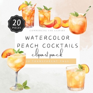 Peach Cocktail Clipart Watercolor Peach Mocktail PNG Bundle Menu of Peachy Summer Drinks Bachelorette Commercial Use | UC005