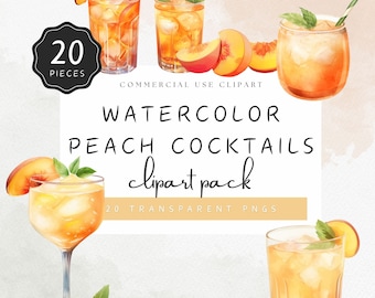 Peach Cocktail Clipart Watercolor Peach Mocktail PNG Bundle Menu of Peachy Summer Drinks Bachelorette Commercial Use | UC005
