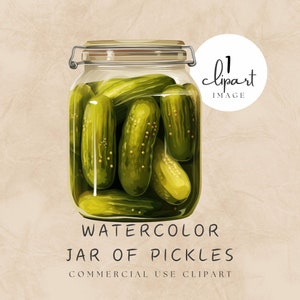 Pickle Jar Clipart Watercolor, Glass Jar of Pickled Cucumbers, Minimalist Design PNG, Commercial Use Food Clip Art | UC005