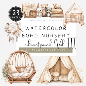 Boho Baby Clothes Clipart Neutral Baby Girl Tipi Tent Cradle Bohemian Theme Watercolor Illustrations PNG Commercial Use | UC020