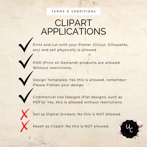 May include: A beige background with the text "TERMS & CONDITIONS" and "CLIPART APPLICATIONS". The text lists permitted uses of clipart, including physical sales, POD products, design templates, and commercial designs. Prohibited uses include digital stickers and clipart resale.